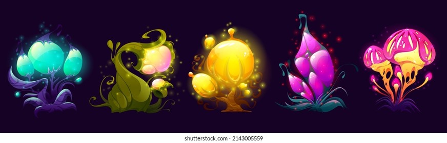 Fantasy flowers, trees, and mushrooms, alien or fantastic world plants. Bizarre blossoms with sparkles, odd outgrowths, glow petals and leaves. Unusual mystic fungi, Cartoon vector illustration, set
