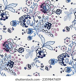 Fantasy flowers vintage, jacobean embroidery style. Seamless pattern, background. Vector illustration. On a beige background.