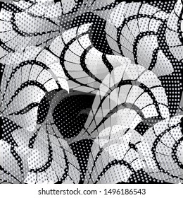 Fantasy flowing shapes futuristic vector seamless pattern. Dotted halftone polka dots background. Repeat ornamental half tone digital backdrop. Modern abstract ornament with dots, circles, shapes.