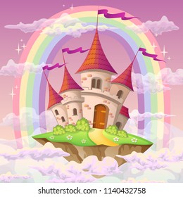 
Fantasy flying island with fairy tale castle and rainbow in clouds svg