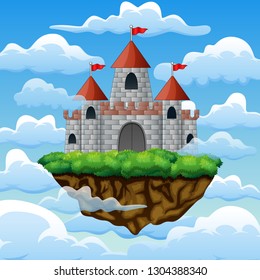 Fantasy flying island with fairy tale castle in clouds