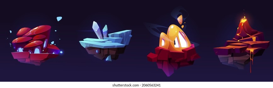 Fantasy flying islands for 2d ui game design. Vector cartoon set of platforms of rock pieces with volcano, lava and magic crystals. Graphic assets for game or mobile app with floating islands