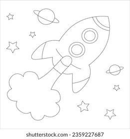 Fantasy flying rocket to the sky, Adult and kid coloring page in stylish vector illustration for education and learning. Rocket Ship Isolated Coloring Page for Kids. 87