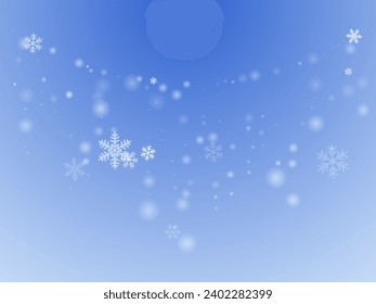 Fantasy flying snowflakes design. Wintertime fleck freeze granules. Snowfall sky white blue background. Blurred snowflakes december vector. Snow cold season scenery.