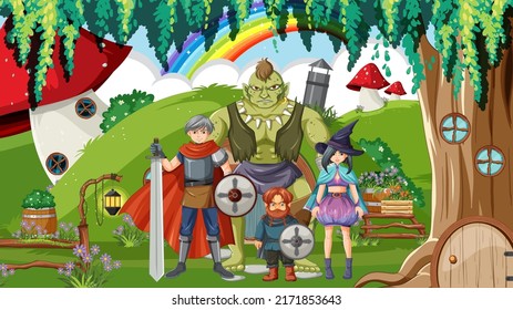 Fantasy folk cartoon characters in the forest illustration