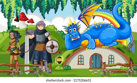 Fantasy folk cartoon characters in the forest illustration