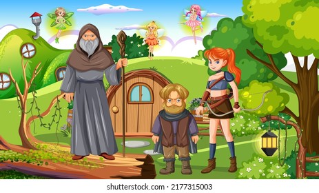 Fantasy folk cartoon characters in the forest illustration