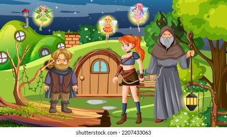 Fantasy folk cartoon characters in the forest illustration