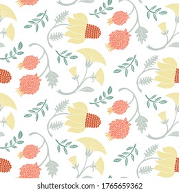 Fantasy Folk Blumen handgezeichnet. Botanische Illustration im flachen Cartoon-Stil.  Farbiges Vektormuster. Kinderkartoonblume.