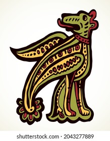 Fantasy folk mammal white paper pattern element. Outline black color ink hand drawn wild dog head logo emblem pictogram. Classic closeup barbarian gauls german national artist book lion letter label