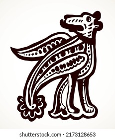 Fantasy folk mammal white paper pattern element. Outline black color ink hand drawn wild dog head logo emblem pictogram. Classic closeup barbarian gauls german national artist book lion letter label