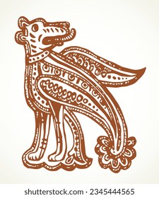 Fantasy folk mammal white paper pattern element. Outline black color ink hand drawn wild dog head logo emblem pictogram. Classic closeup barbarian gauls german national artist book lion letter label