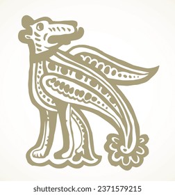 Fantasy folk mammal white paper pattern element. Outline black color ink hand drawn wild dog head logo emblem pictogram. Classic closeup barbarian gauls german national artist book lion letter label