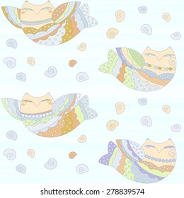 Fantasy folk sea animals background. Seamless pattern.