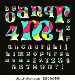 fantasy font with fluid curved pattern in bright colors on black