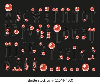 fantasy font with letters playing balls in black and red