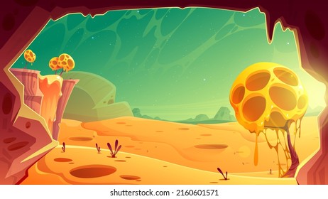 Planeta alimenticio fantástico con desierto, rocas y árboles de queso. Ilustración de dibujos animados del divertido paisaje cómico de la superficie del planeta del queso alienígena con plantas de bolas amarillas con agujeros