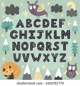 Fantasy Forest Alphabet For Children. Awesome ABC Poster. Vector Illustration