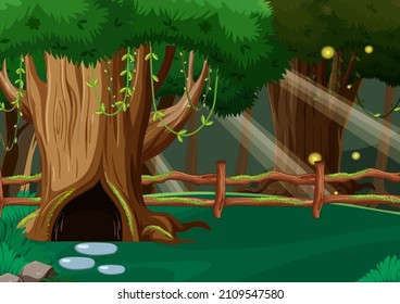 Fantasy forest background with hollow tree illustration