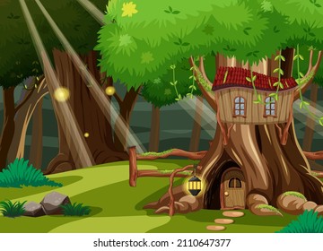 Fantasy forest background with hollow tree illustration