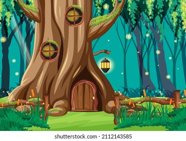 Fantasy forest background with hollow tree illustration