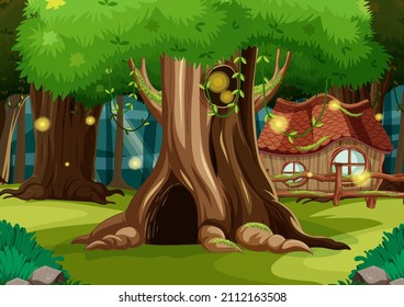 Fantasy forest background with hollow tree illustration