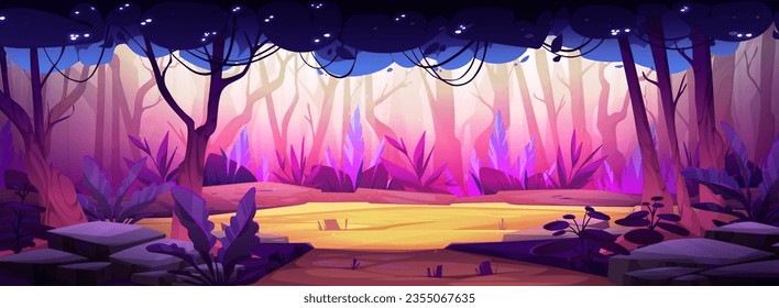 Fantasy-Waldhintergrund mit Feld. Zauberhafter Garten mit Baum-, Glade- und Felslandschaft. Bezaubernde Violett-Waldlandschaft mit sonniger Rasenparkfläche und Panoramaauslegung. Violett-Holzplatz