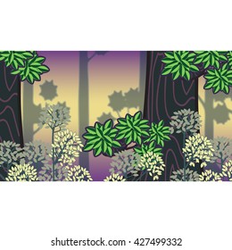 Fantasy forest background. Tall trees, balls of leaves and flowering weeds.