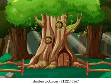 Fantasy forest background with tree house illustration