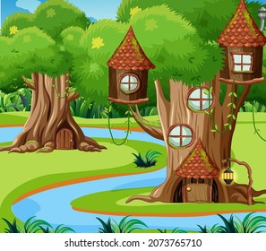 Fantasy forest background with tree houses illustration