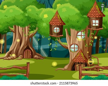 Fantasy forest background with tree houses illustration
