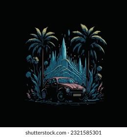 fantasy forest with car illustration t shirt design, travel illustration graffiti t shirt design
