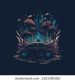 fantasy forest with car illustration t shirt design, travel illustration graffiti t shirt design