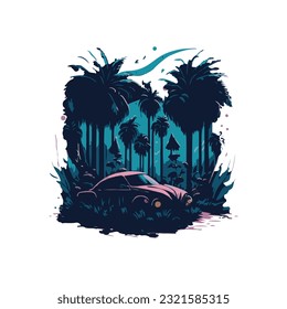 fantasy forest with car illustration t shirt design, travel illustration graffiti t shirt design