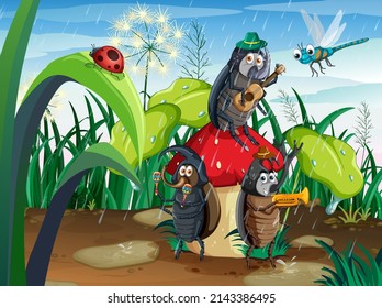 Fantasy forest with cartoon insects  illustration