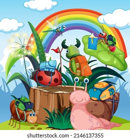 Fantasy forest with cartoon insects  illustration