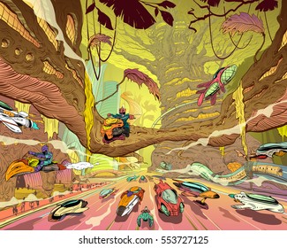 Fantasy forest city. Concept art illustration. Sketch gaming design. Fantasy vehicles, trees, people. Hand drawn vector painting. 