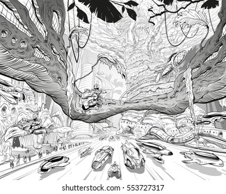 Fantasy forest city. Concept art illustration. Sketch gaming design. Fantasy vehicles, trees, people. Hand drawn vector painting. 