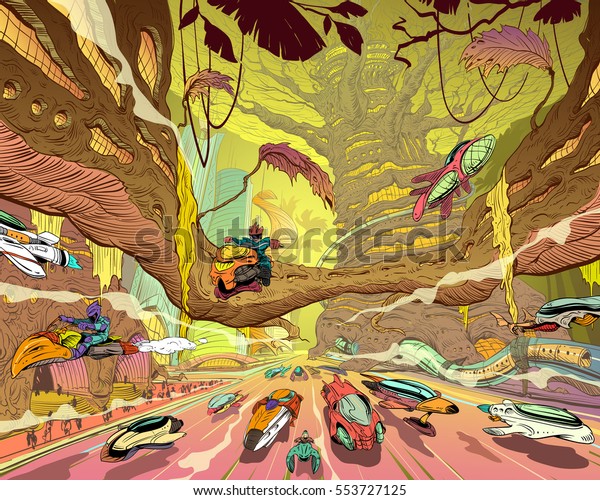 Fantasy forest city. Concept art illustration. Sketch\
gaming design. Fantasy vehicles, trees, people. Hand drawn vector\
painting. 