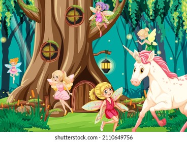 Fantasy forest with cute fairies  illustration