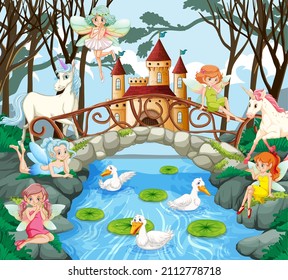 Fantasy forest with cute fairies  illustration