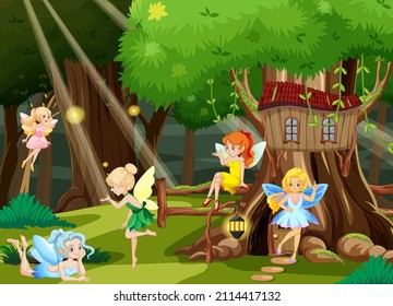 Fantasy forest with cute fairies  illustration