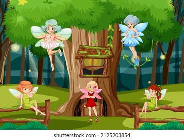 Fantasy forest with cute fairies  illustration