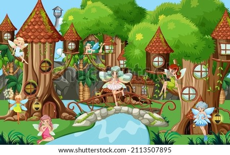 Fantasy forest with cute fairies  illustration