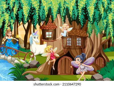 Fantasy forest with fairies and unicorn illustration