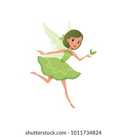 Fantasy forest fairy with green hair in little fancy dress. Imaginary fairytale character in action. Cute smiling girl with magic wings. Cartoon flat vector design