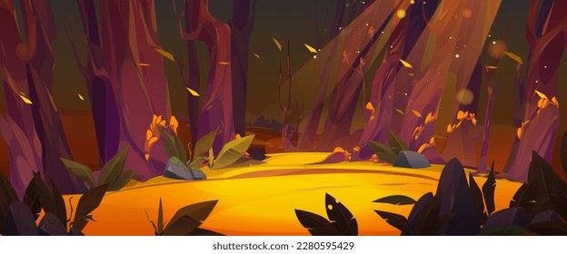Fantasy forest glade cartoon vector illustration. Magic autumn woodland meadow in jungle game scene. Sunshine spot with bokeh light on path in wildlife. Mystic nature fall wallpaper with trees stem.