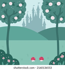 Fantasy forest landscape with castle silhouette. Hand drawn roses. Background for fairy tale. Cartoon flat style vector illustration.