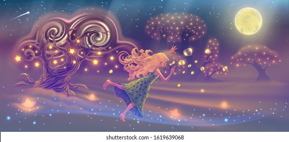 Fantasy Forest Landscape With Dreaming Girl Blowing Soap Bubbles In The Sky With Magic Trees, Stars, Moon, Fairy Tale Panoramic Vector Illustration, Imaginary World