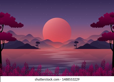 Fantasy forest landscape with night sky illustration